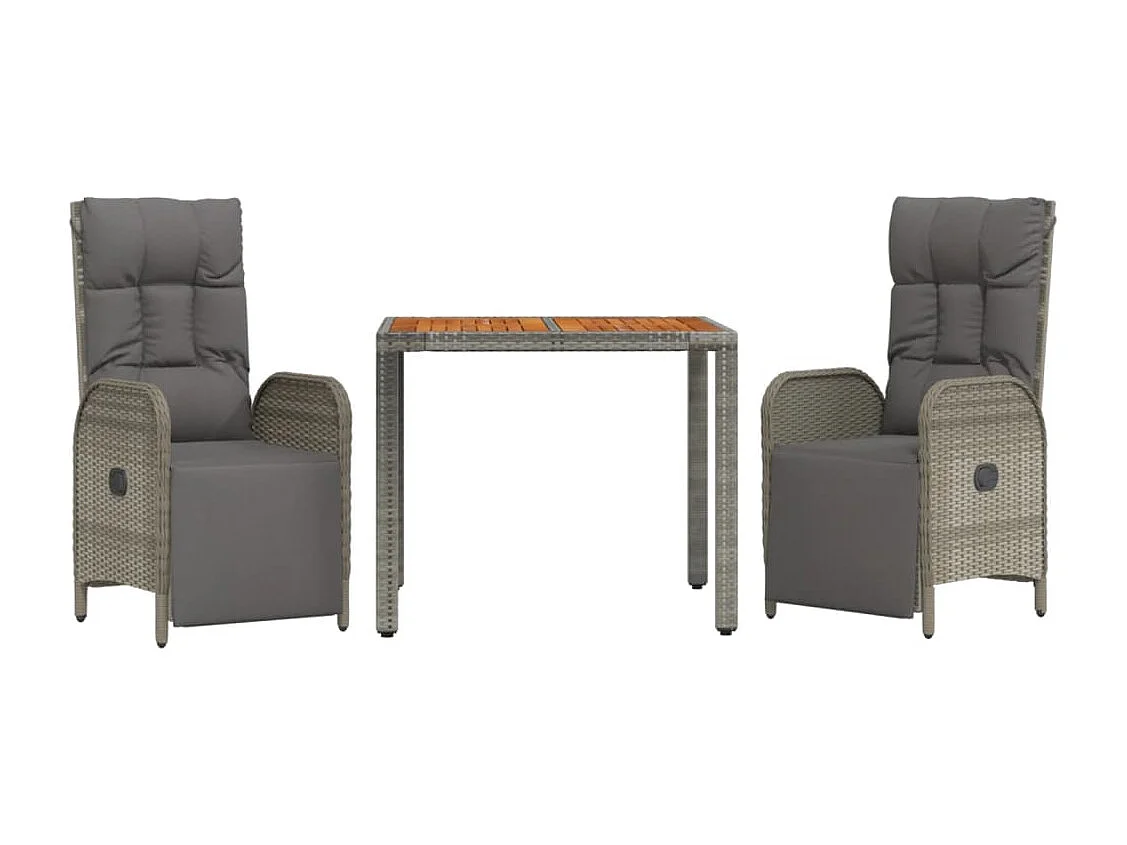 3 peças conjunto de jantar p/ jardim c/ almofadões vime PE cinza