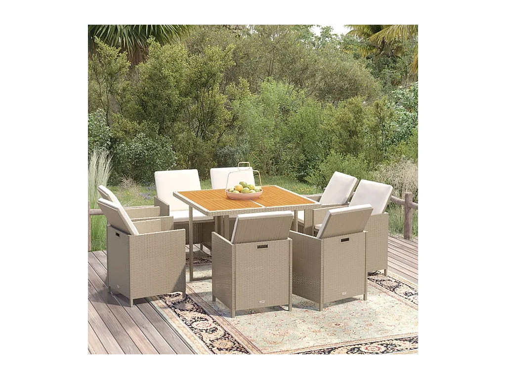 Meubles à dîner de jardin et coussins 9 pièces Poly rotin Beige