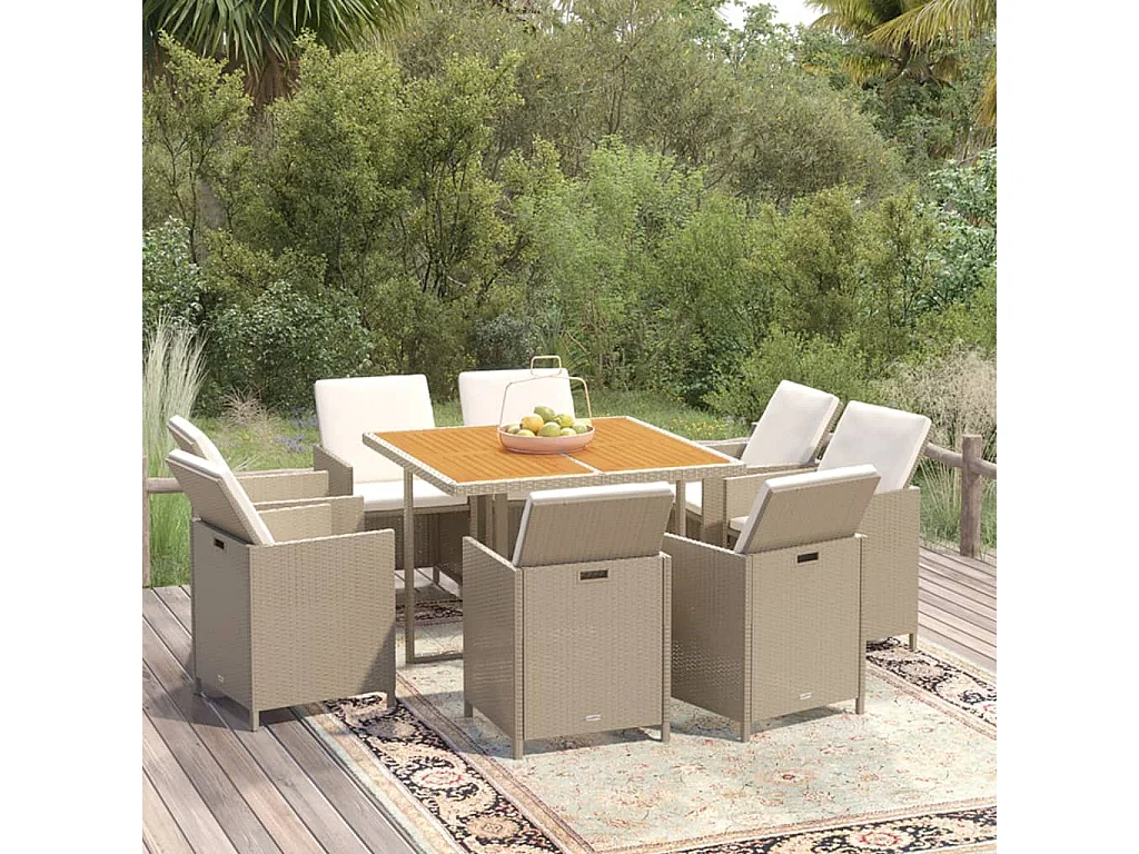 Meubles à dîner de jardin et coussins 9 pièces Poly rotin Beige