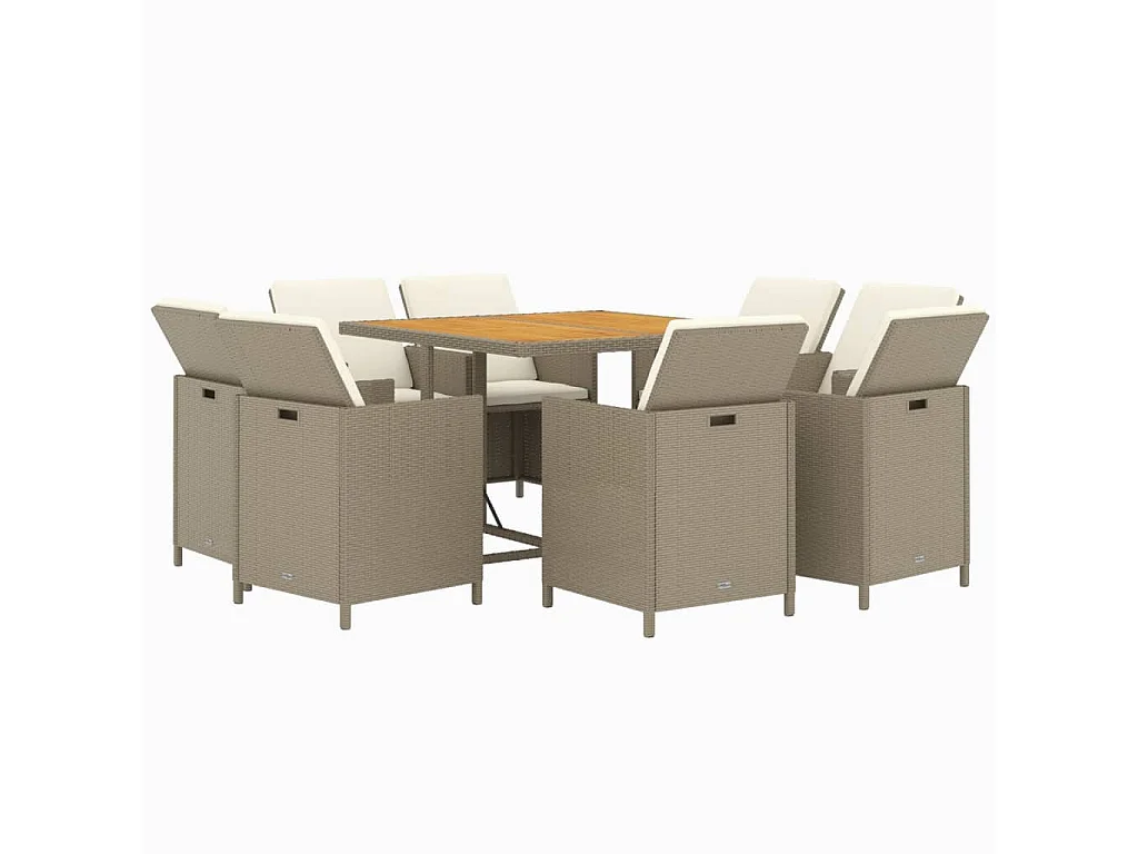 Meubles à dîner de jardin et coussins 9 pièces Poly rotin Beige