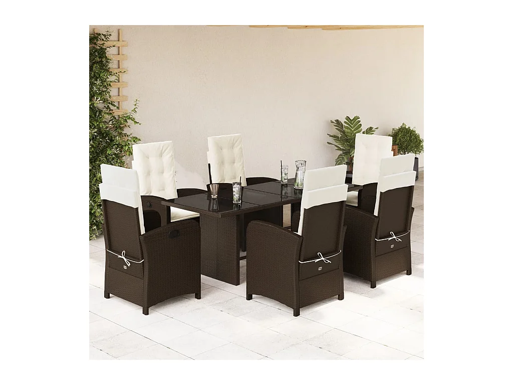 Ensemble à manger de jardin et coussins 7 pièces marron rotin