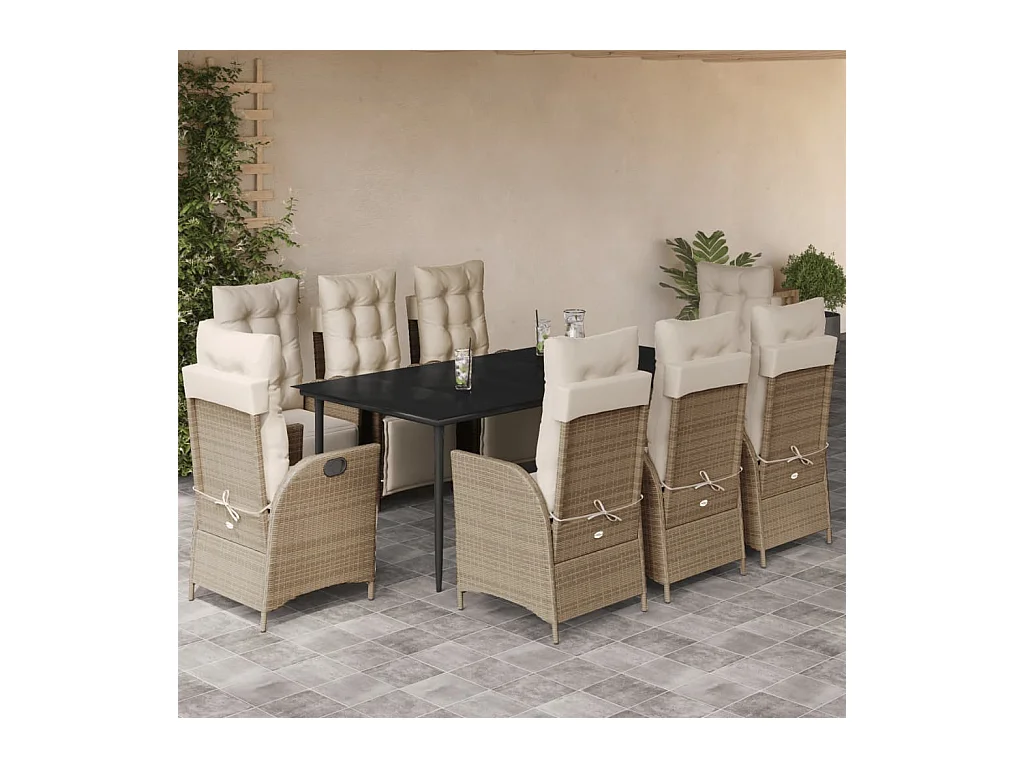 Ensemble à manger de jardin et coussins 9 pièces beige Poly rotin