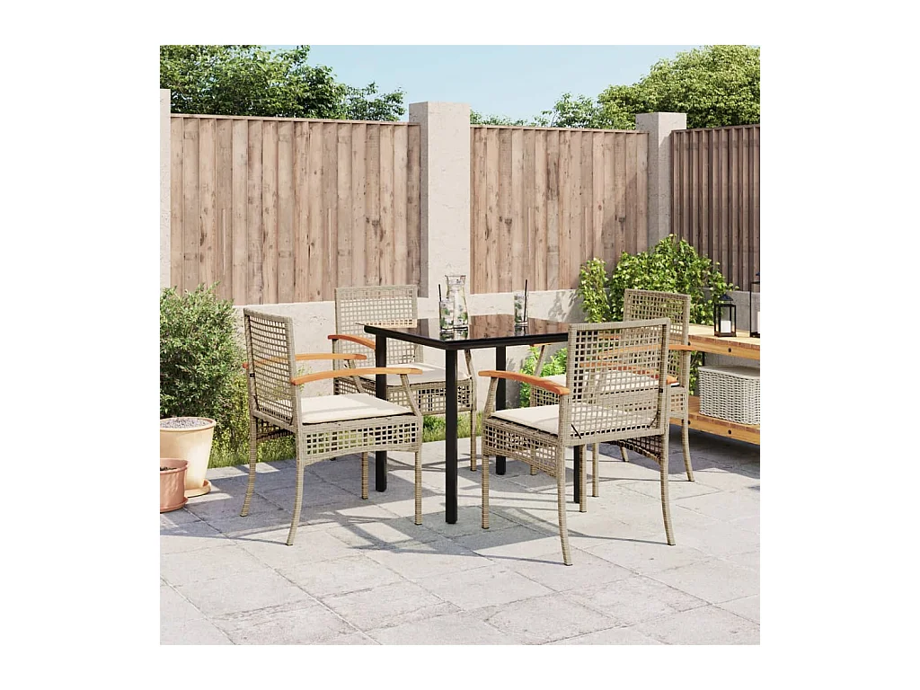 Ensemble à manger de jardin avec coussins 5 pièces Beige poly rotin