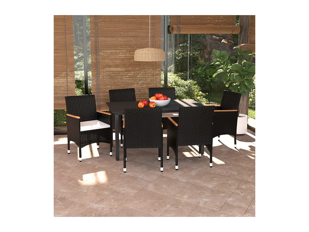 Mobilier à dîner de jardin et coussins 7 pièces Résine tressée Noir