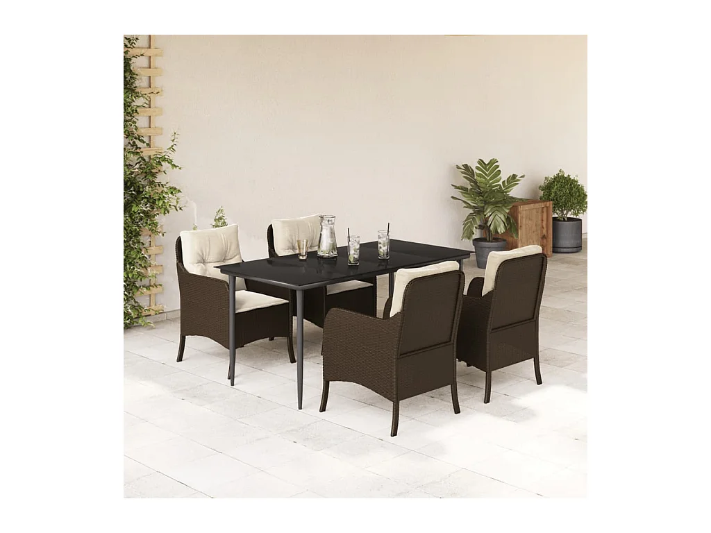 Ensemble à manger de jardin 5 pièces et coussins marron poly rotin