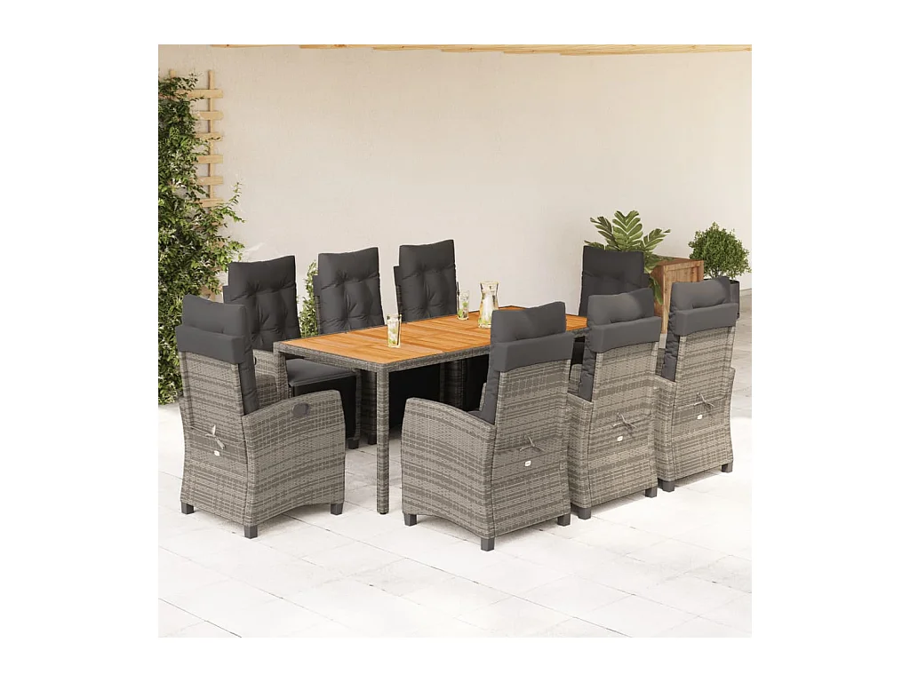Set comedor jardín 9 piezas y cojines ratán sintético gris