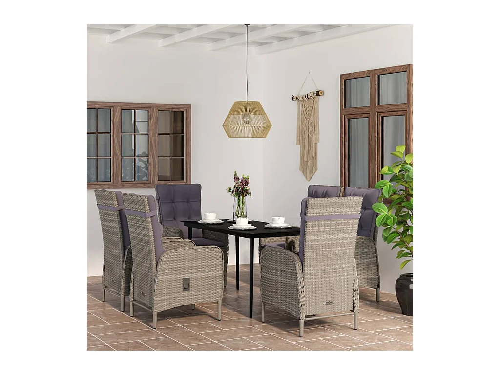Mobilier de salle à manger de jardin coussins 7 pièces Gris et noir