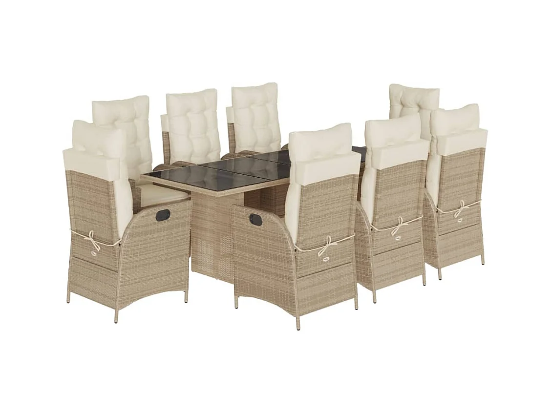 Ensemble à manger de jardin et coussins 9 pièces beige Poly rotin