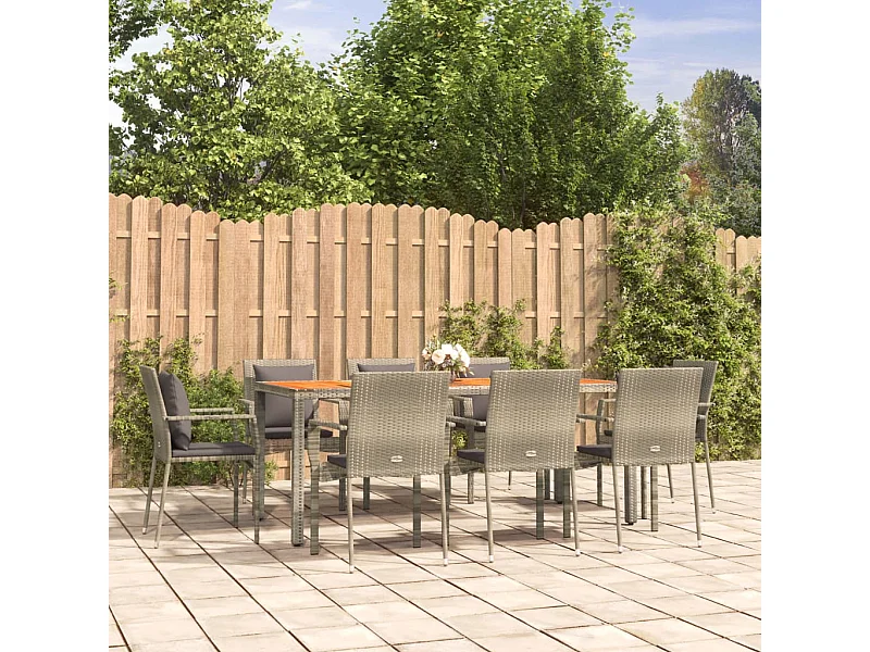 9 peças conjunto de jantar p/ jardim c/ almofadões vime PE cinza