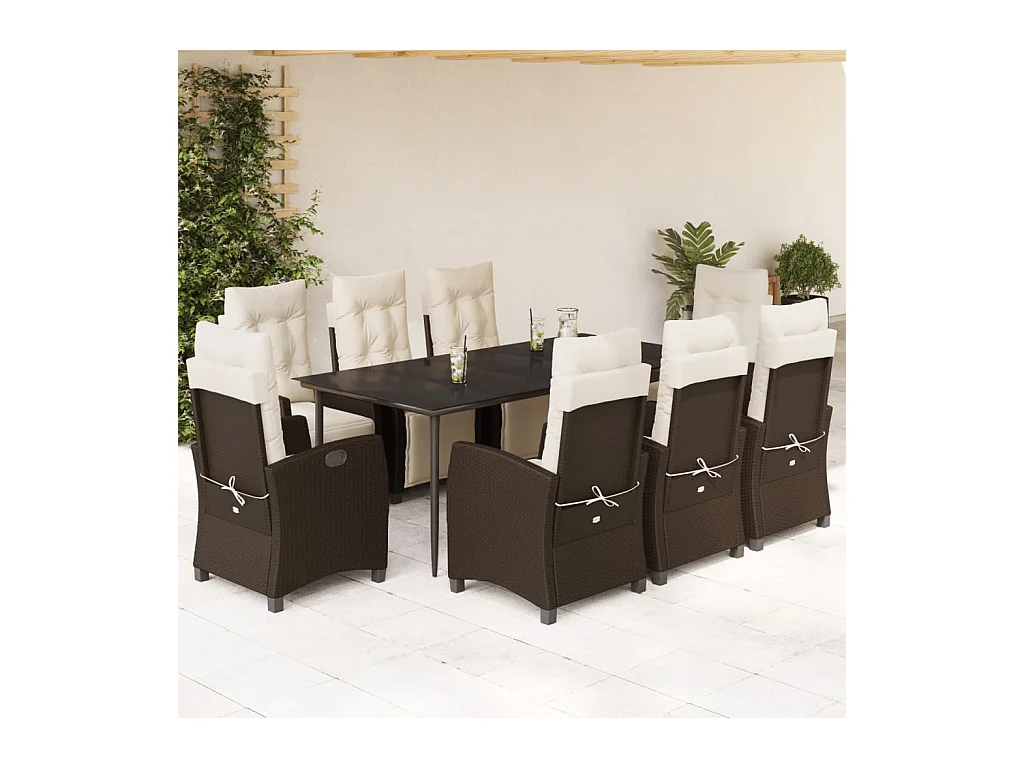 9 peças conjunto jantar p/ jardim c/ almofadões vime PE castanho