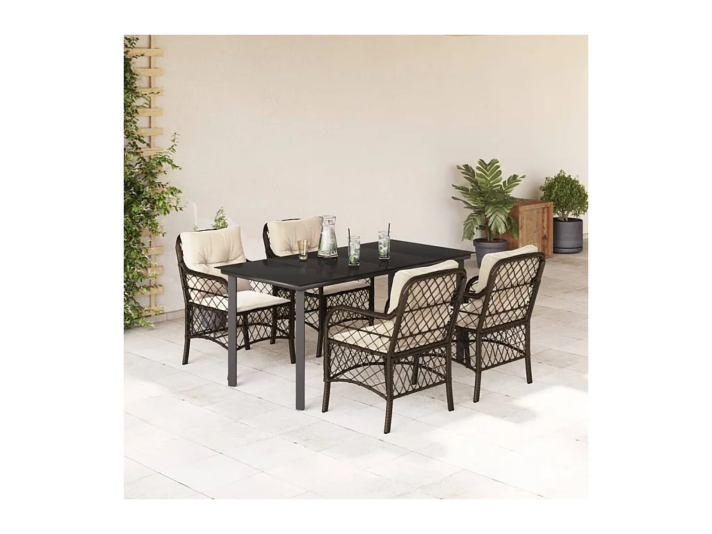 Ensemble à manger de jardin 5 pièces et coussins marron poly rotin