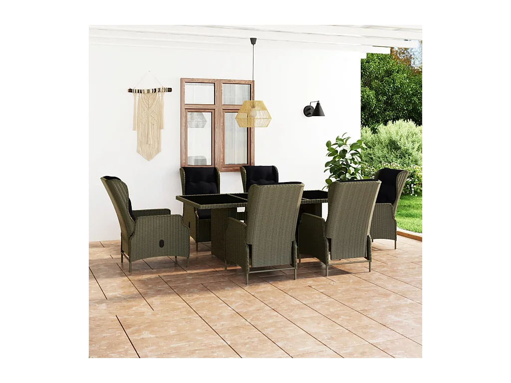 Mobilier à dîner jardin 7 pièces et coussins Résine tressée Marron