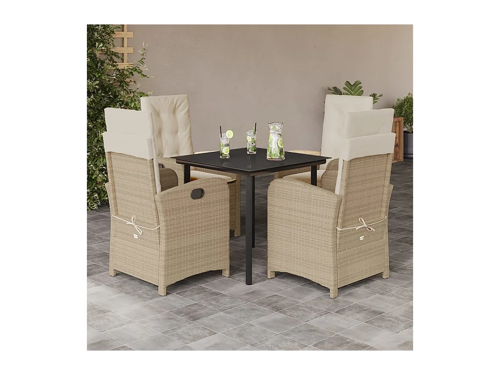 5 peças conjunto de jantar p/ jardim com almofadões vime PE bege