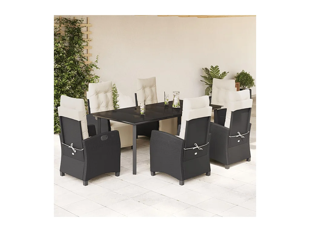 Ensemble à manger de jardin coussins 7 pièces Noir Résine tressée
