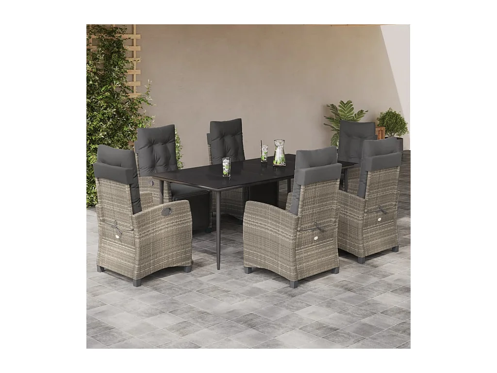 Ensemble à manger de jardin et coussins 7 pièces gris clair rotin