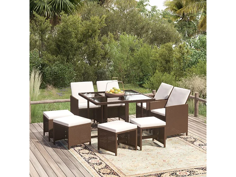 9 peças conjunto jantar p/ jardim c/ almofadões vime PE castanho