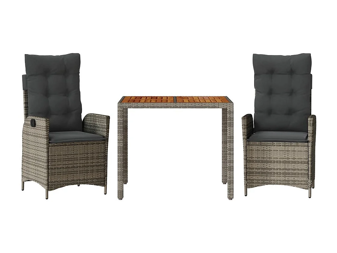 3 peças conjunto de jantar p/ jardim c/ almofadões vime PE cinza