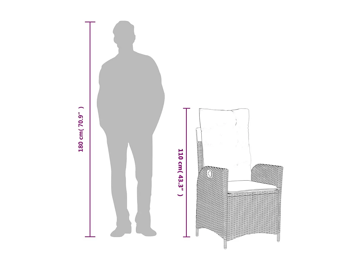 3 peças conjunto de jantar p/ jardim c/ almofadões vime PE cinza