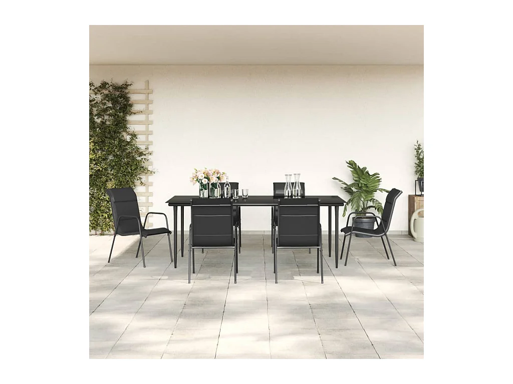 7 peças conjunto de jantar para jardim aço e textilene preto