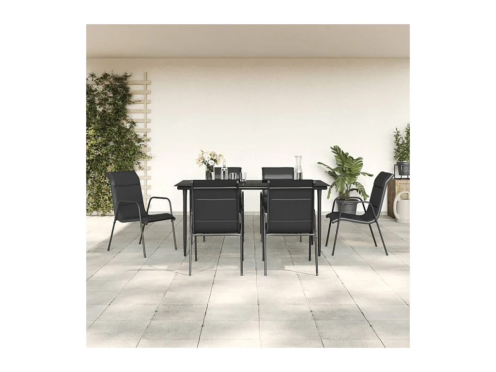 7 peças conjunto de jantar para jardim aço e textilene preto
