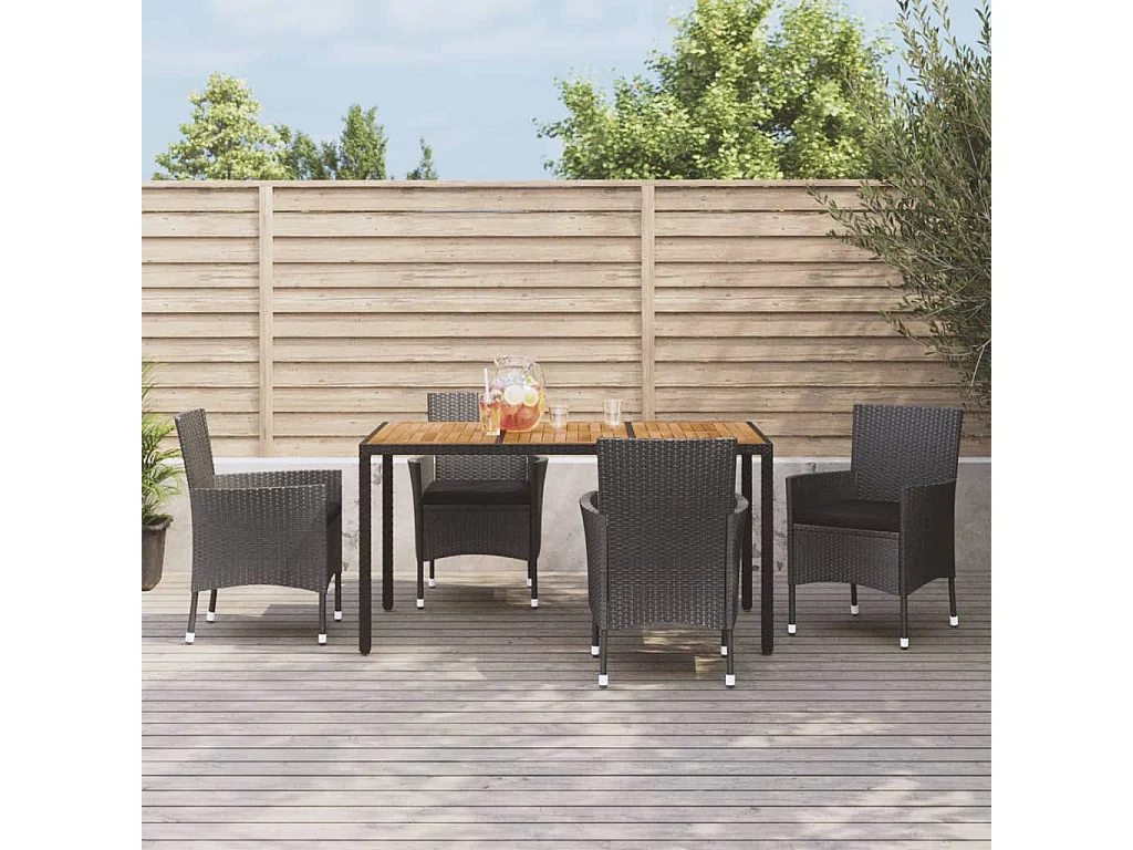 Mobilier à dîner de jardin et coussins 5 pièces Noir Résine tressée