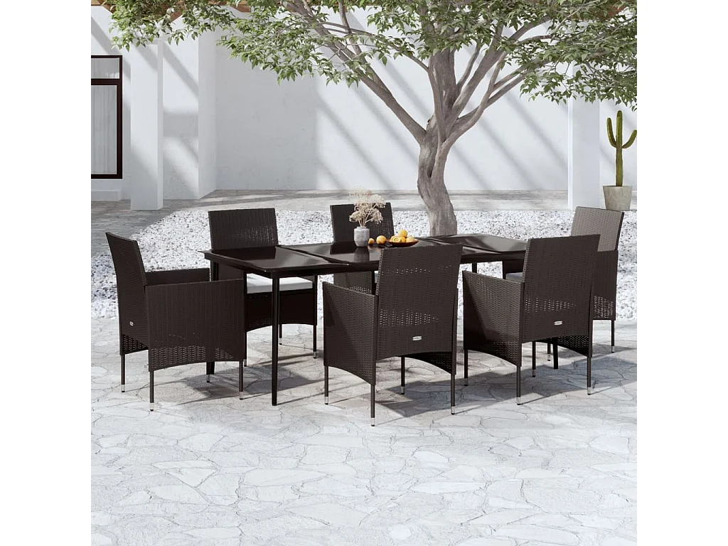 7 peças conjunto de jantar para jardim com almofadões preto