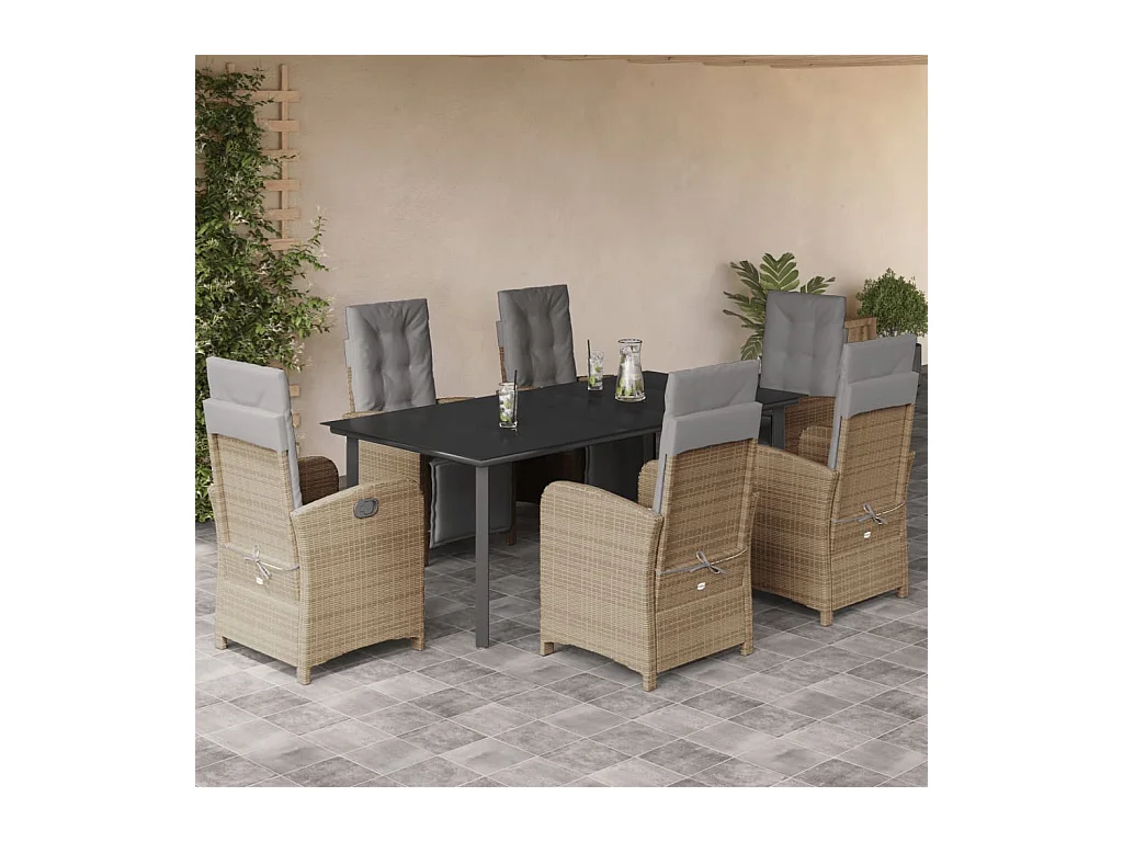 7 peças conjunto de jantar p/ jardim com almofadões vime PE bege