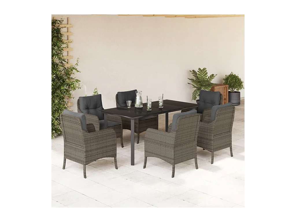 Ensemble à manger de jardin et coussins 7 pièces gris rotin