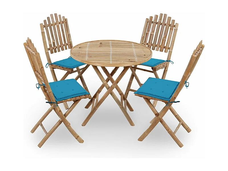 Juego de comedor de jardín plegable 5 piezas bambú con cojines