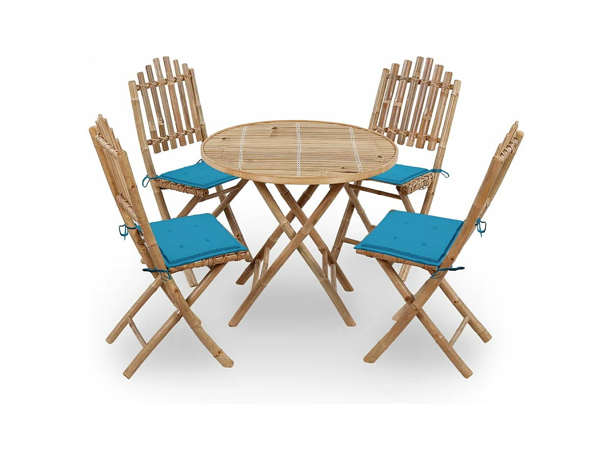 Mobilier à dîner d'extérieur pliable 5 pièces avec coussins Bambou