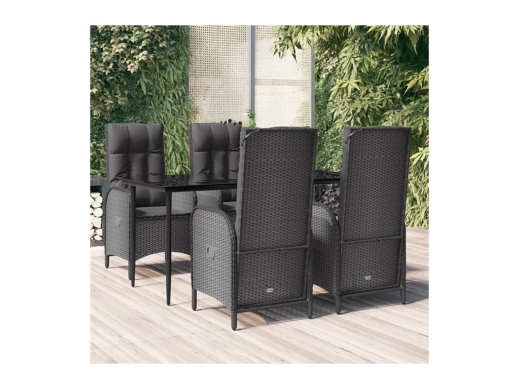 Mobilier à dîner de jardin et coussins 5 pièces Noir Résine tressée