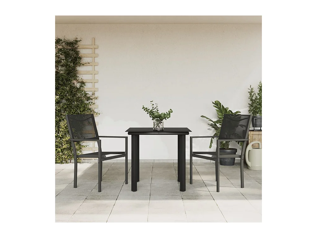 3 peças conjunto de jantar para jardim aço e textilene preto