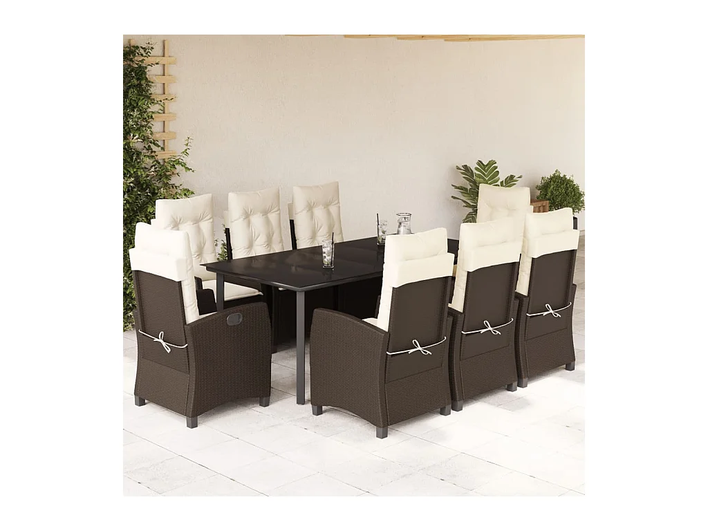 Ensemble à manger de jardin et coussins 9 pièces marron poly rotin