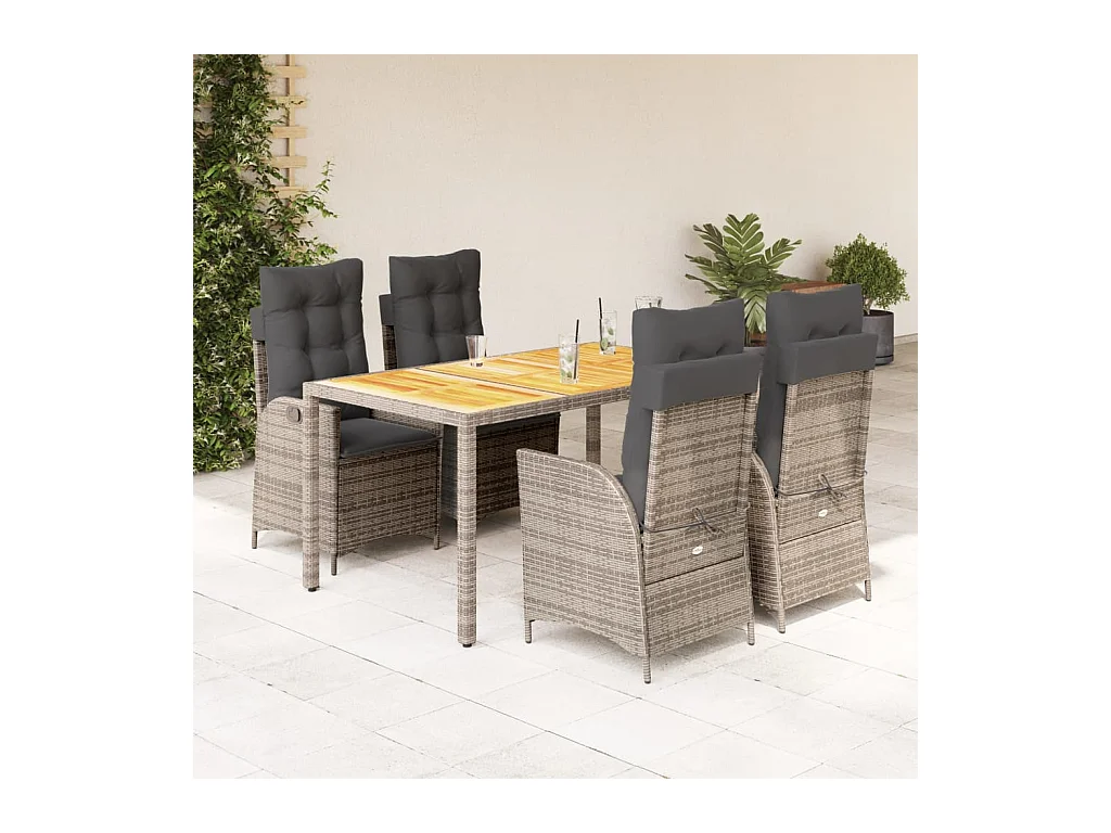 Ensemble à manger de jardin 5 pièces coussins gris résine tressée