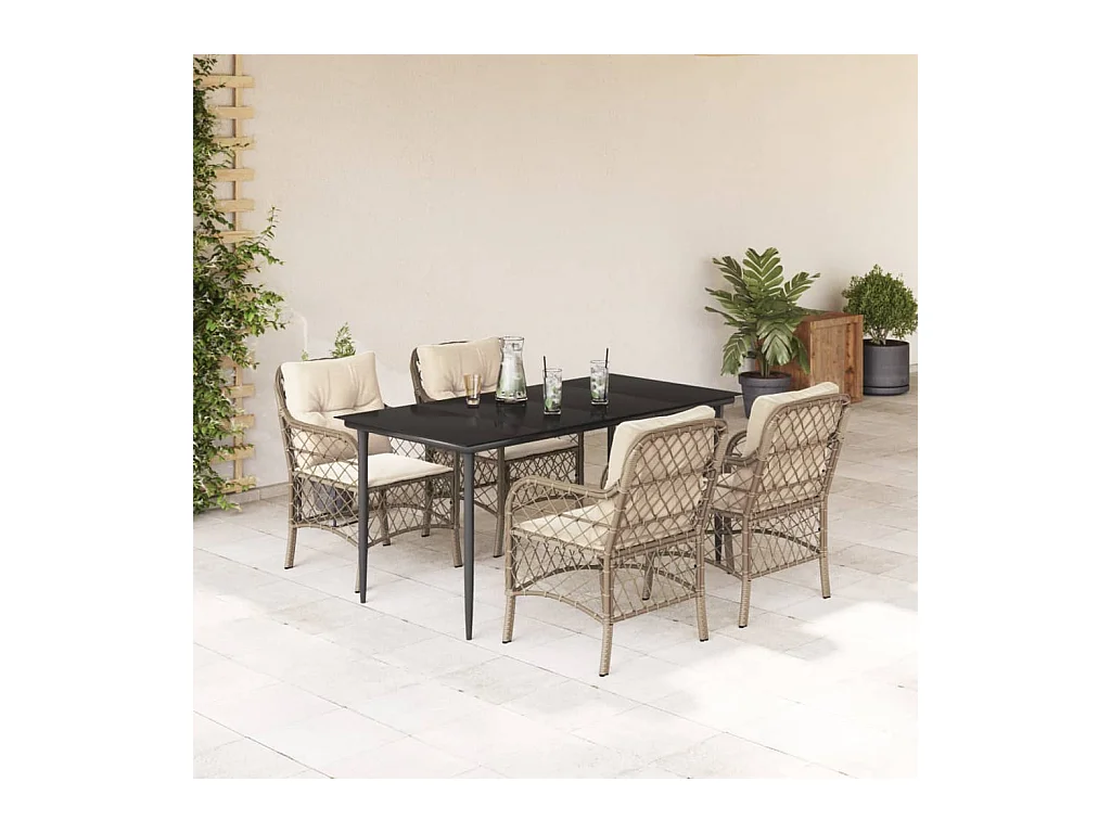 Set comedor de jardín 5 piezas con cojines ratán sintético beige