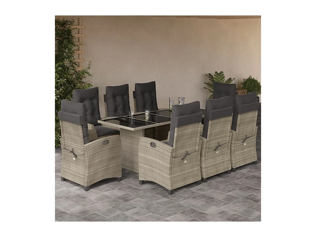 Ensemble à manger de jardin et coussins 9 pièces gris clair rotin