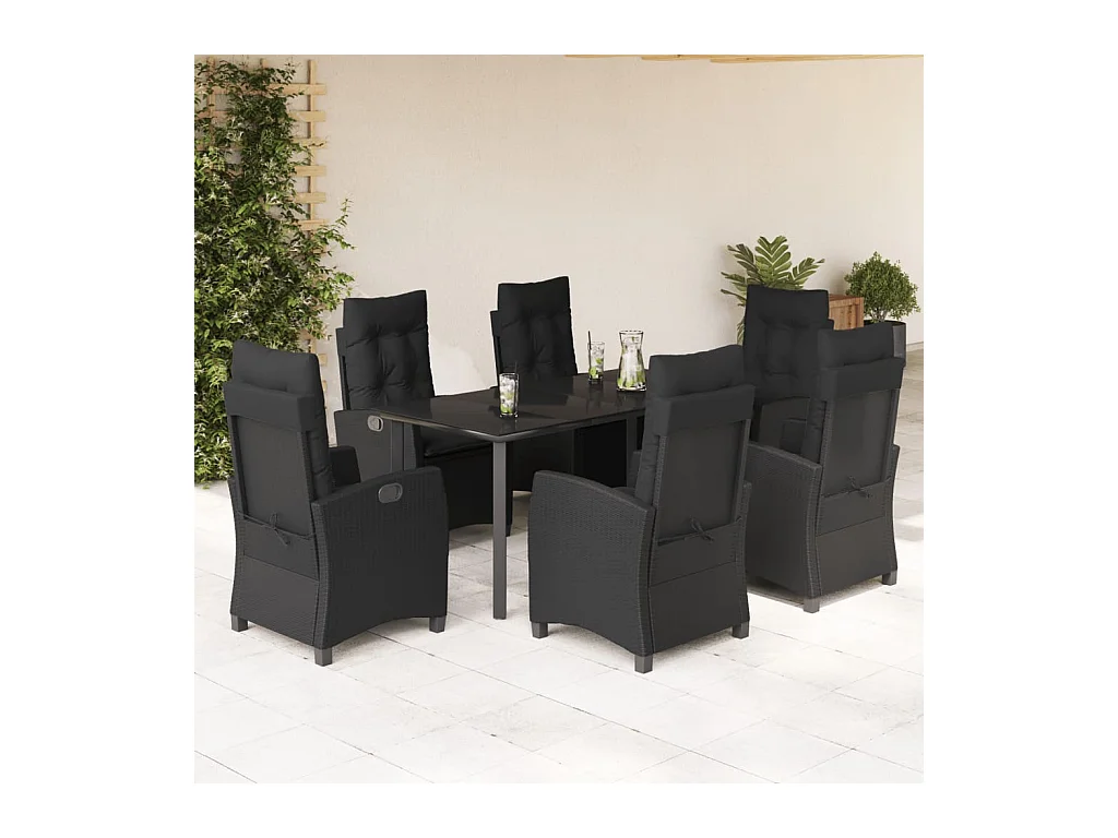 Set de comedor de jardín 7 piezas y cojines ratán sintético negro