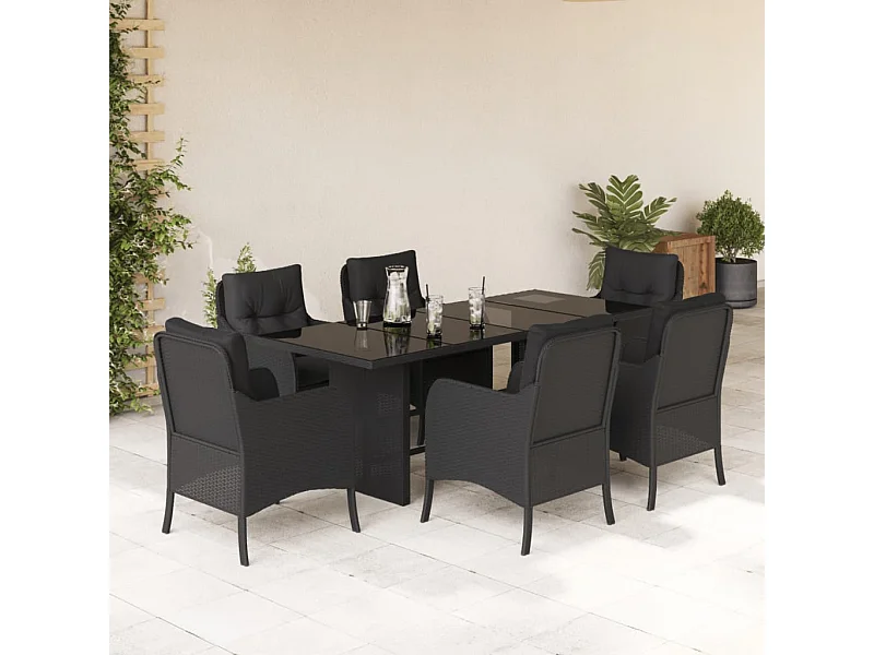 Ensemble à manger de jardin coussins 7 pièces Noir Résine tressée