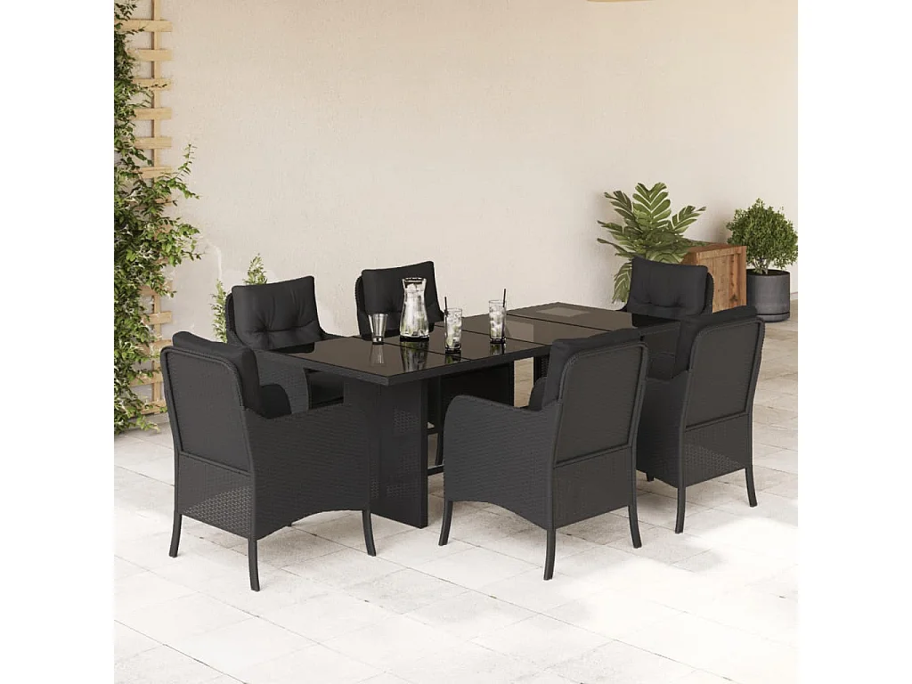 Ensemble à manger de jardin coussins 7 pièces Noir Résine tressée