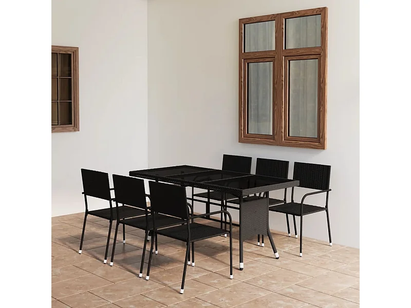7 peças conjunto de jantar para jardim vime PE preto