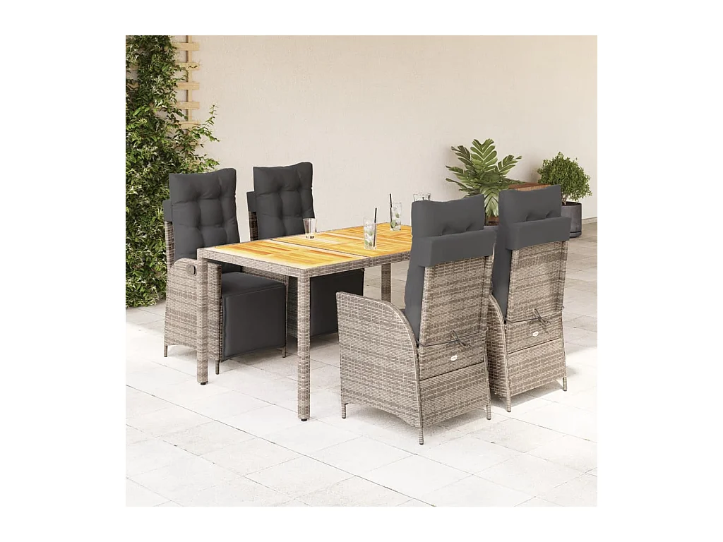 Ensemble à manger de jardin 5 pièces coussins gris résine tressée