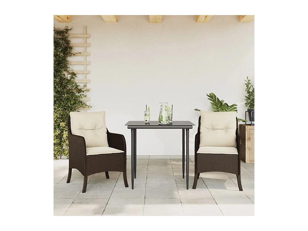 3 peças conjunto jantar p/ jardim c/ almofadões vime PE castanho