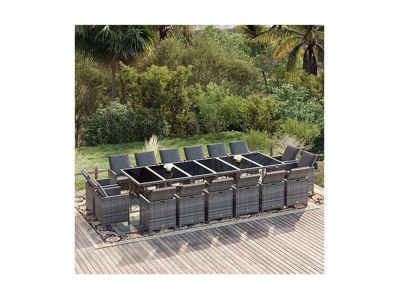 Ensemble à dîner de jardin coussins 17 pièces Résine tressée Gris