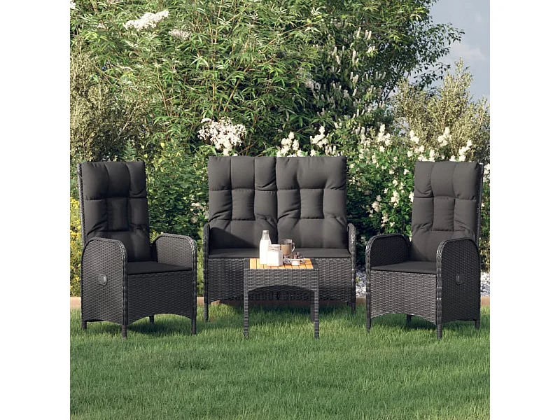 4 peças conjunto de jardim p/ jardim c/ almofadões vime PE preto