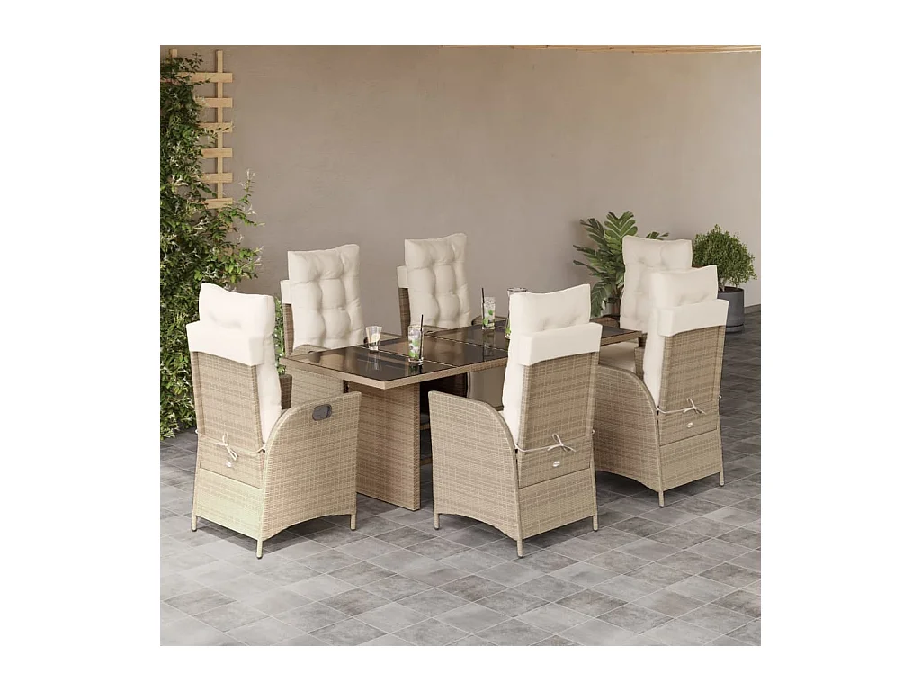 Ensemble à manger de jardin et coussins 7 pièces beige poly rotin