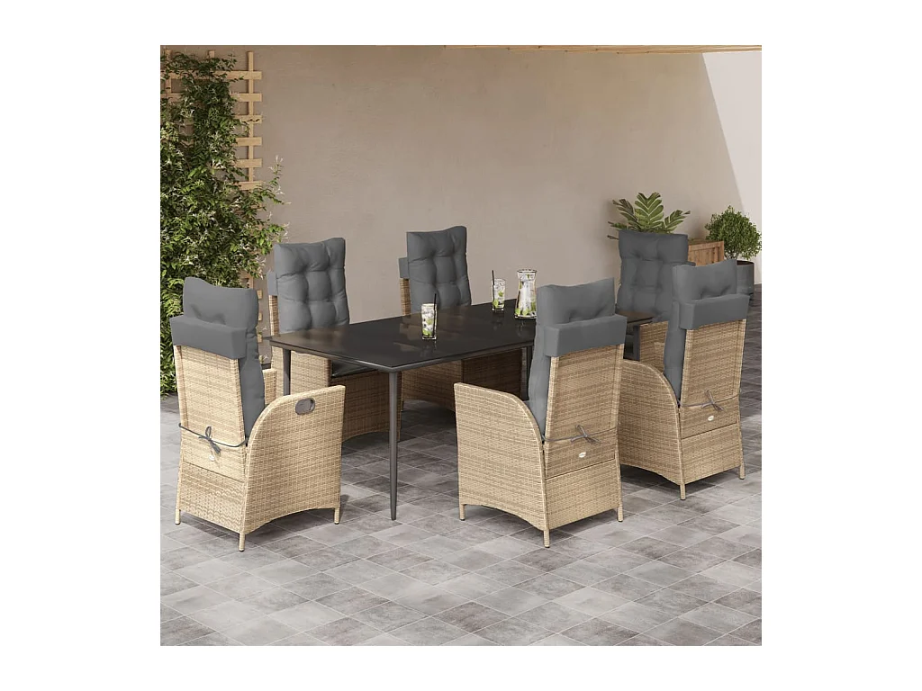 Ensemble à manger de jardin et coussins 7 pièces beige poly rotin