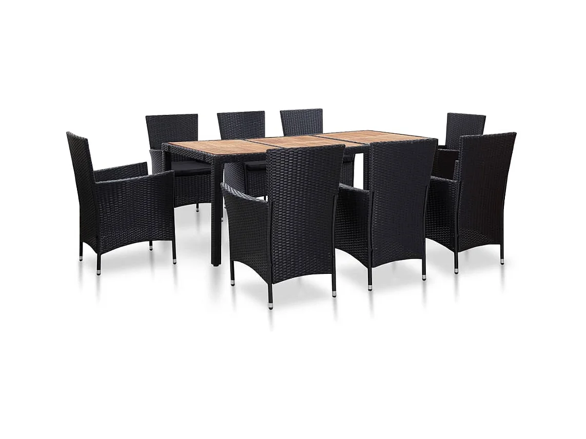 Mobilier à dîner de jardin 9 pièces et coussins Résine tressée Noir