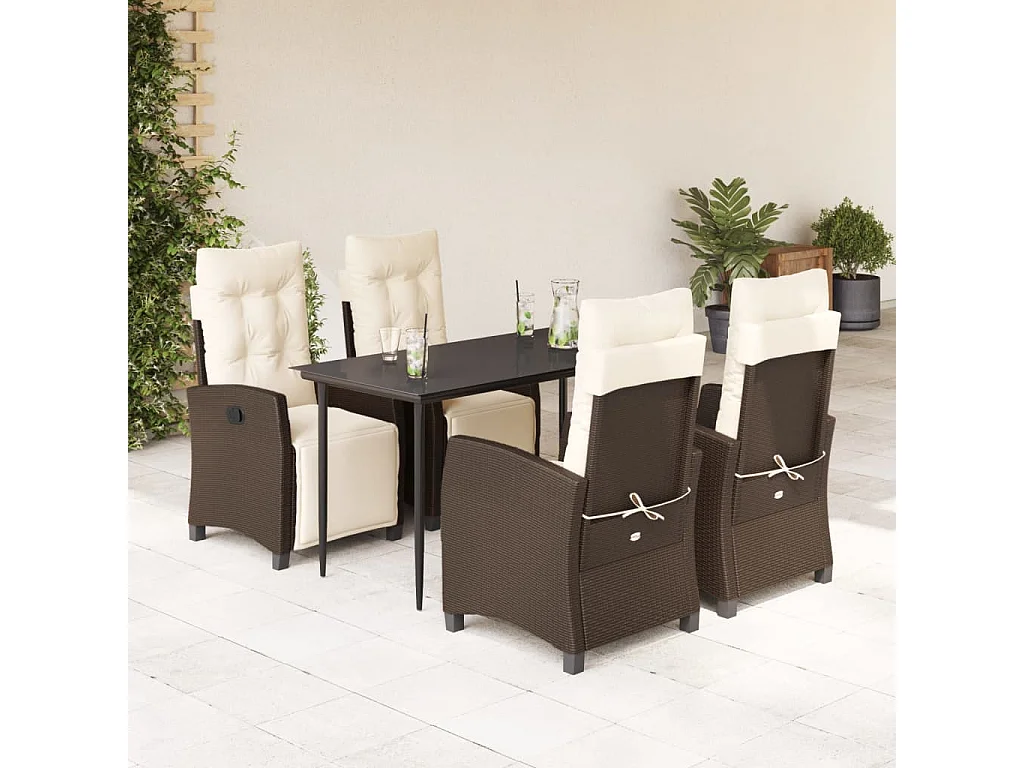 Ensemble à manger de jardin 5 pièces et coussins marron poly rotin