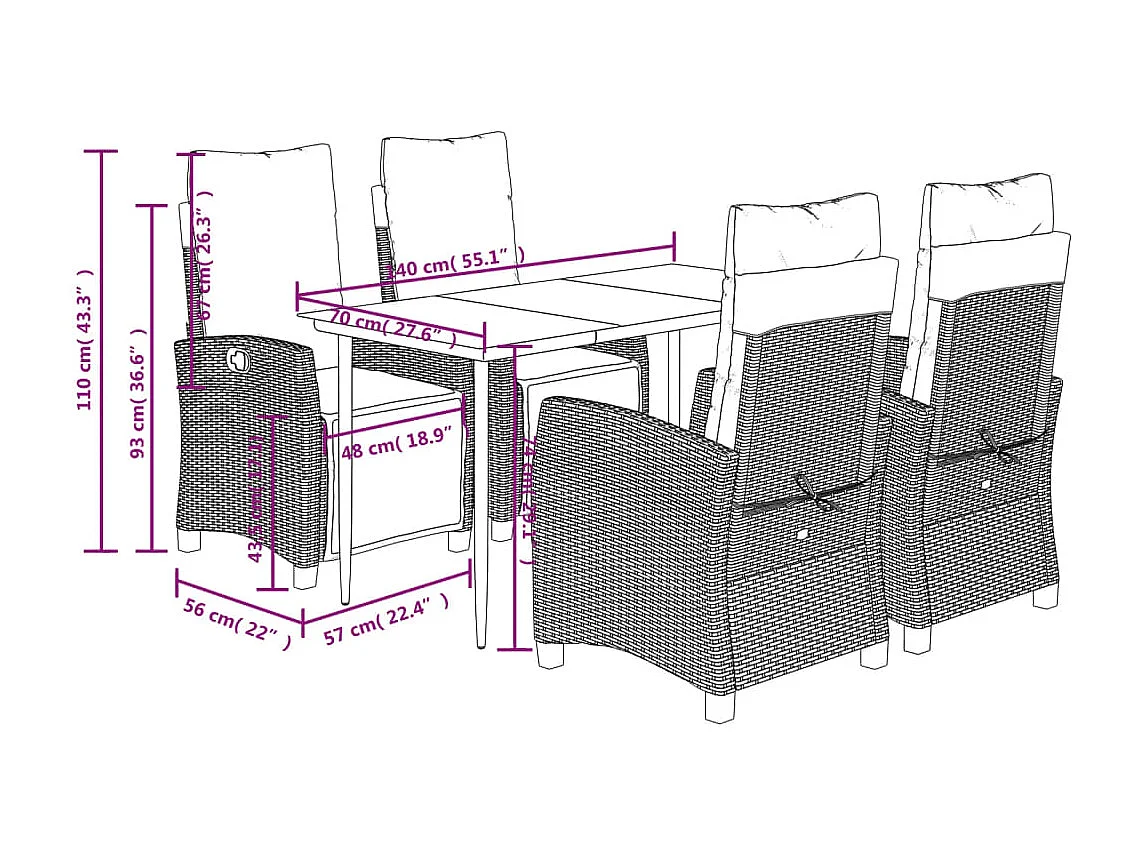 Ensemble à manger de jardin 5 pièces et coussins marron poly rotin