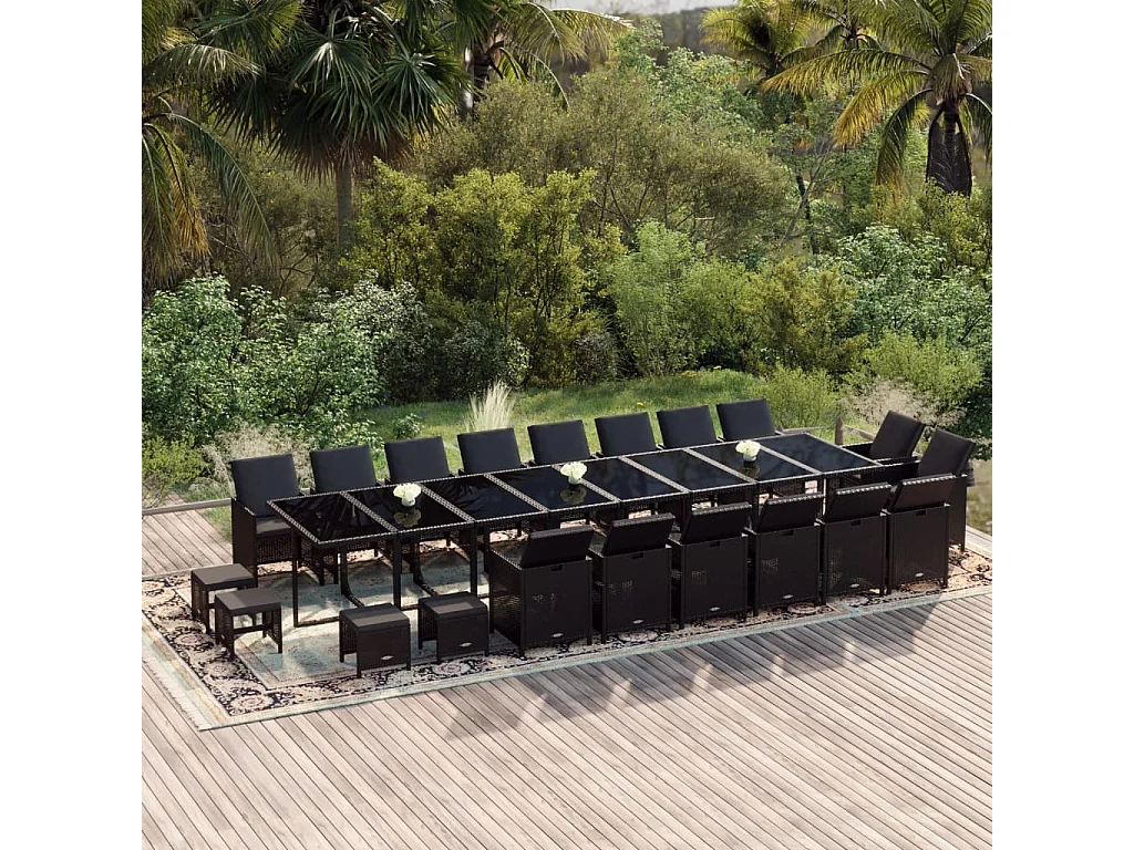 Set de comedor jardín 21 piezas con cojines ratán sintético negro